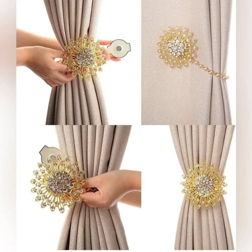 2 Pcs Crystal Magnetic Curtain Tieback Flower Curtain Clips for Home Office